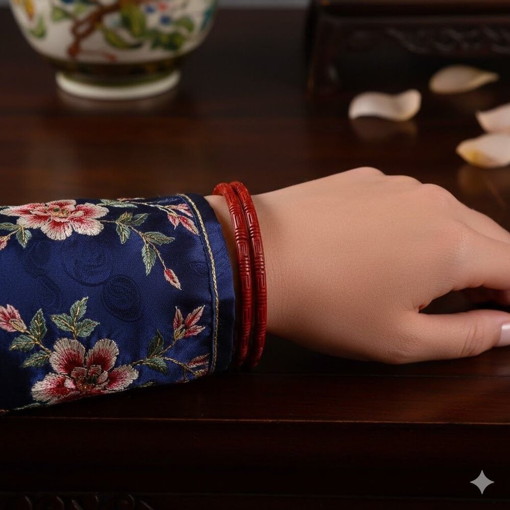 Vintage Set of 2 Chinese Cinnabar Bangle Bracelets Red Carved Geometric